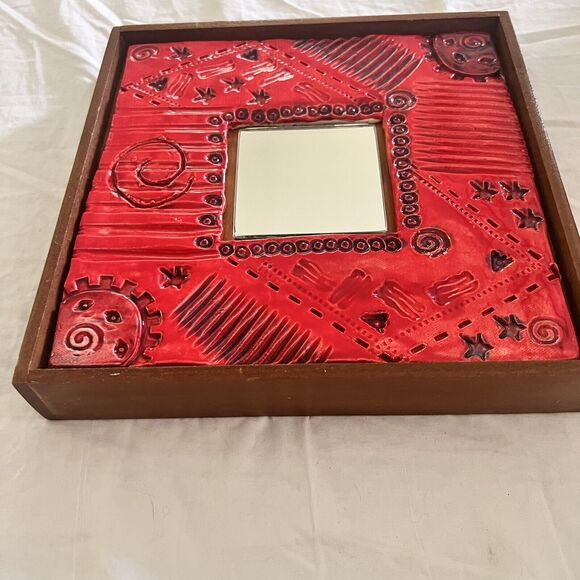Ceramic Red Framed Mirror Hand Made 9.5 X 9.5 Stars Circles Sun - Picture 5 of 8